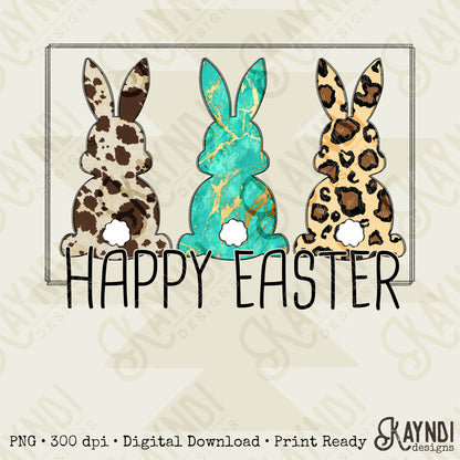 Happy Easter 3 Bunnies Sublimation Design PNG Digital Download Printable Cow Print Turquoise Leopard Bunny