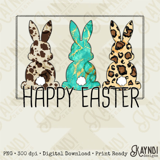 Happy Easter 3 Bunnies Sublimation Design PNG Digital Download Printable Cow Print Turquoise Leopard Bunny