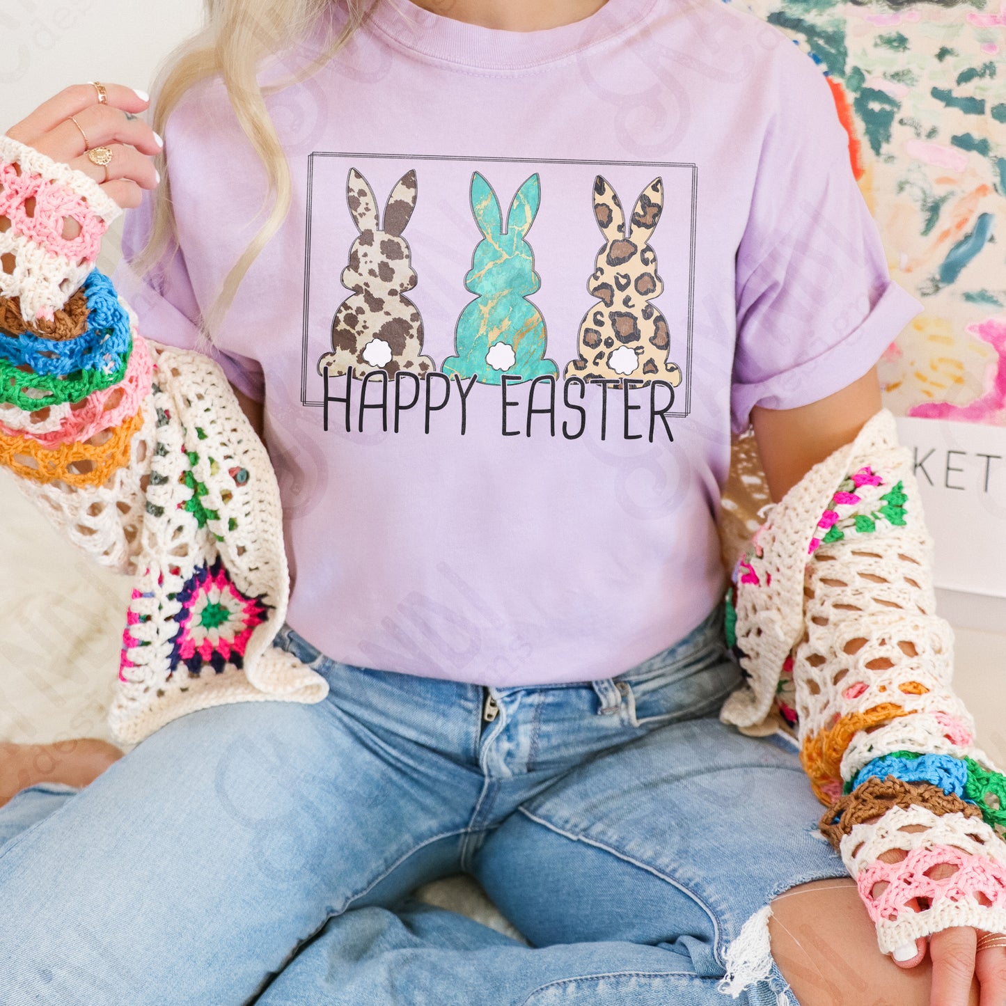 Happy Easter 3 Bunnies Sublimation Design PNG Digital Download Printable Cow Print Turquoise Leopard Bunny