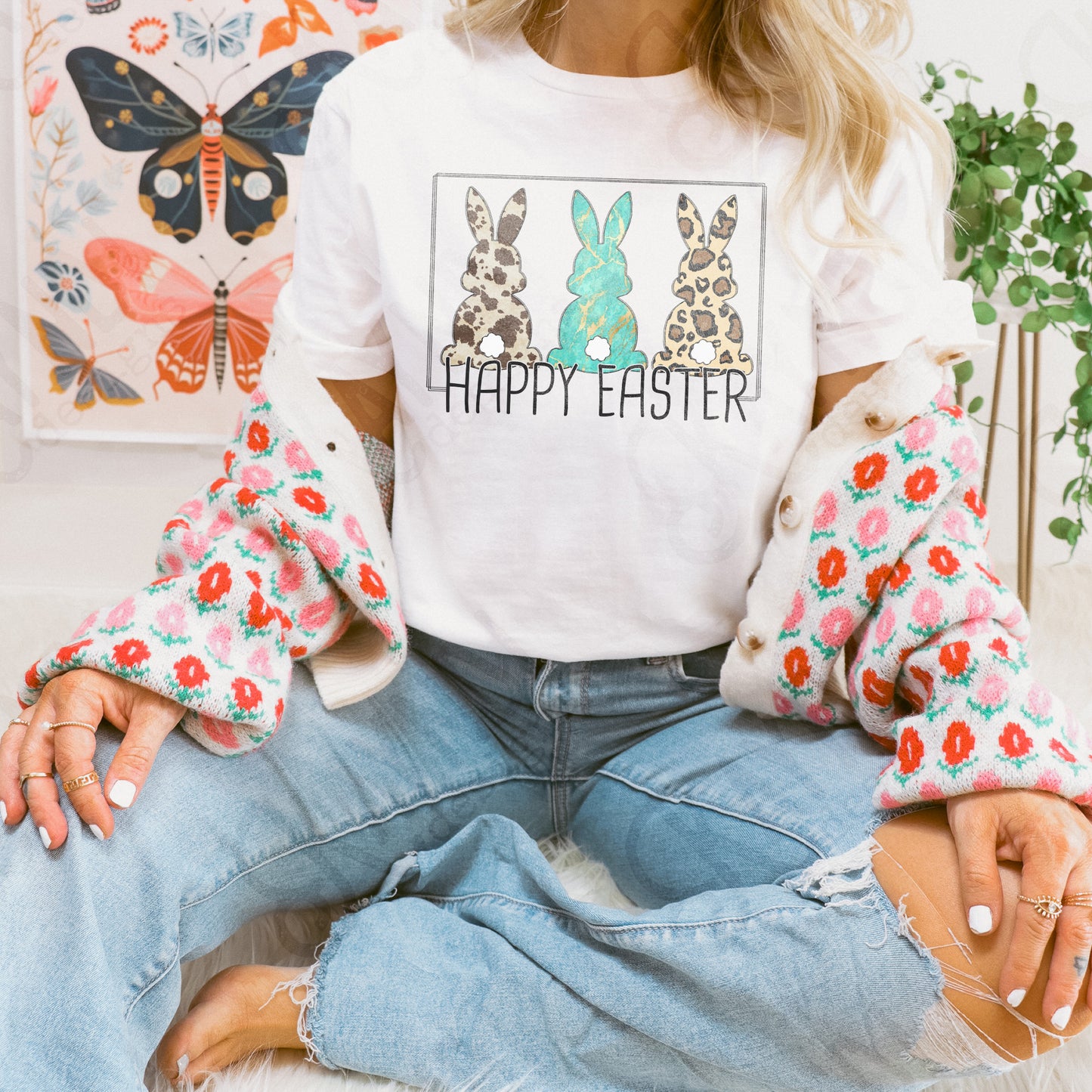 Happy Easter 3 Bunnies Sublimation Design PNG Digital Download Printable Cow Print Turquoise Leopard Bunny