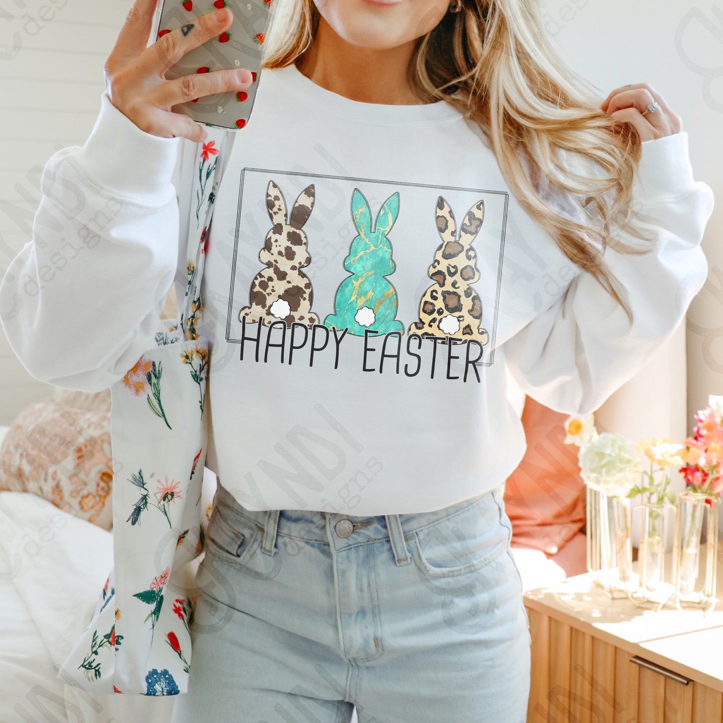 Happy Easter 3 Bunnies Sublimation Design PNG Digital Download Printable Cow Print Turquoise Leopard Bunny