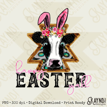 Happy Easter Y’all Cow Bunny Ears Sublimation Printable Design Country Western Easter Doodle Aztec Concho DTG Printing Digital Download