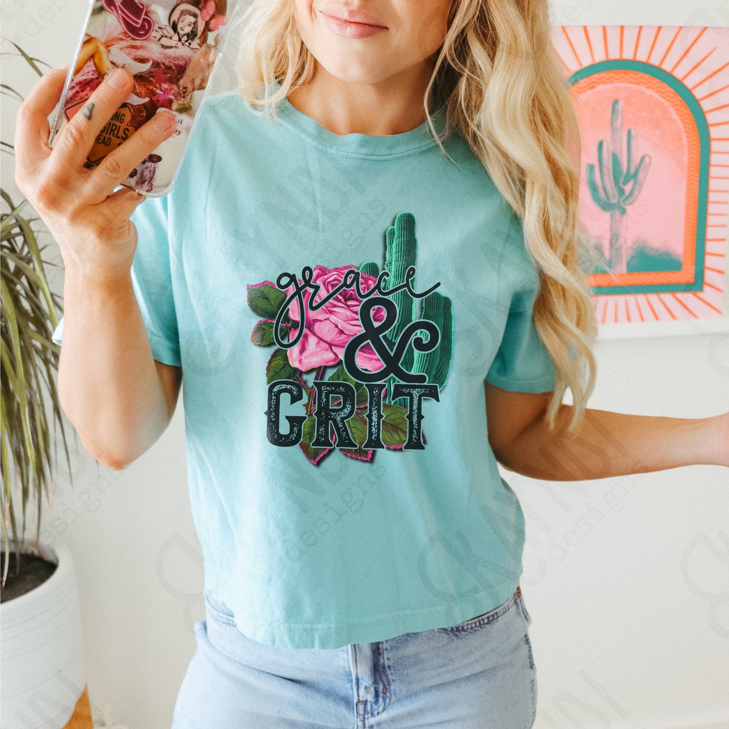 Grace and Grit Sublimation Design PNG Digital Download Printable Rose Cactus