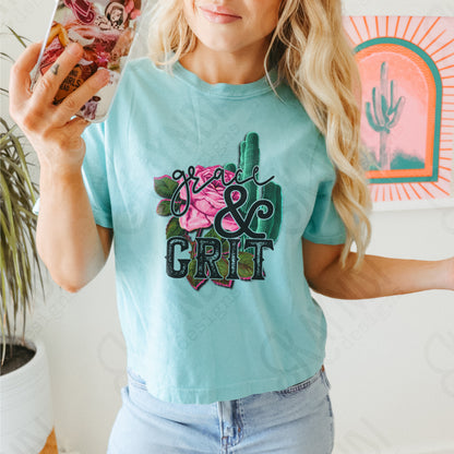 Grace and Grit Sublimation Design PNG Digital Download Printable Rose Cactus