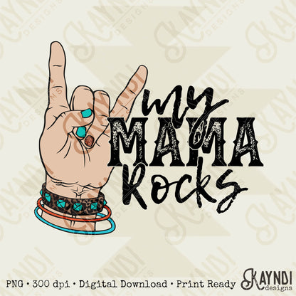 My Mama Rocks Sublimation Design PNG Digital Download Printable Rock Hand Sign Rocker Mom Mamma Stud Glitter Leopard Turquoise