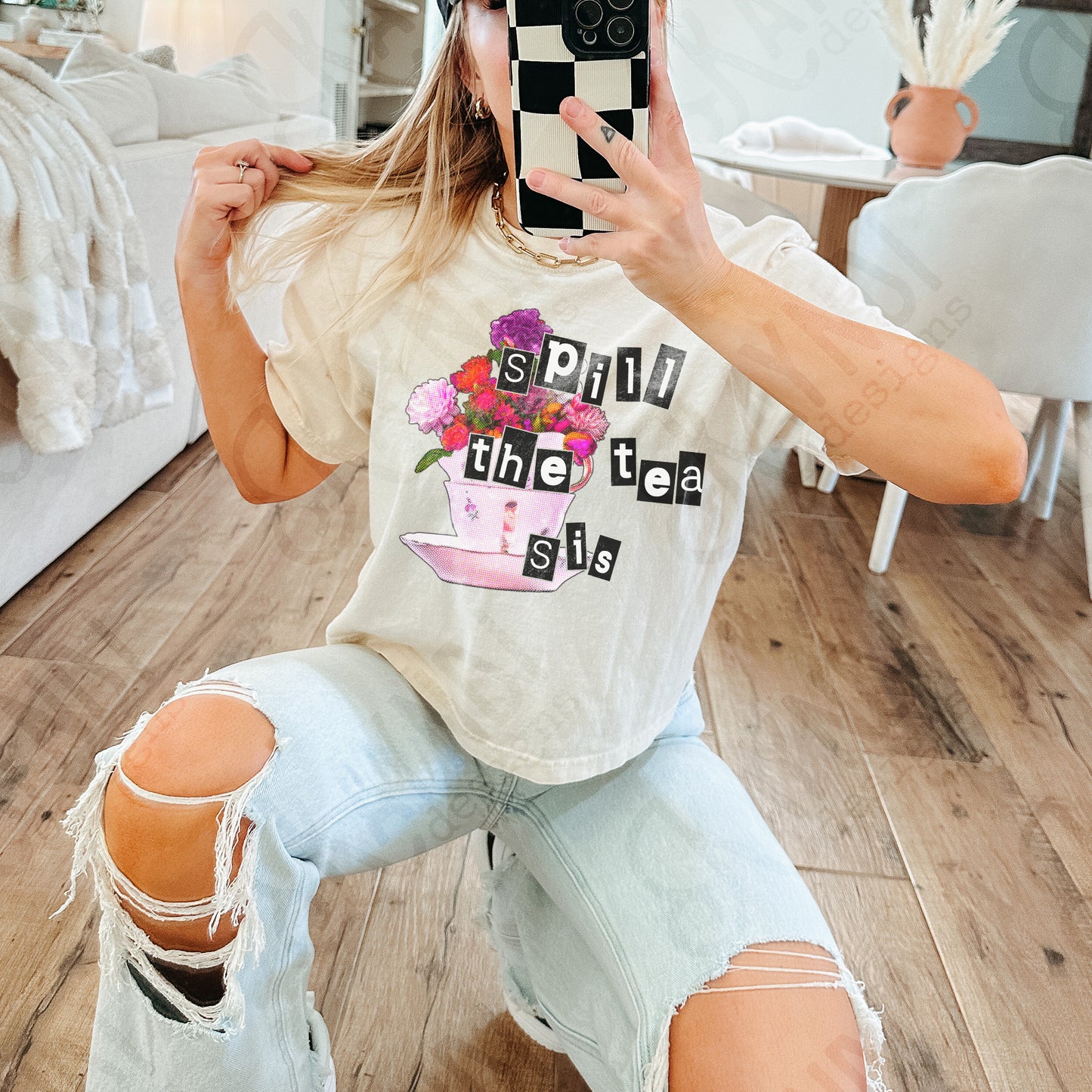 Spill the Tea Sis Sublimation Design PNG Digital Download Printable Flower Floral Pink Vintage Tea Cup Witty Humor Funny Quote Saying
