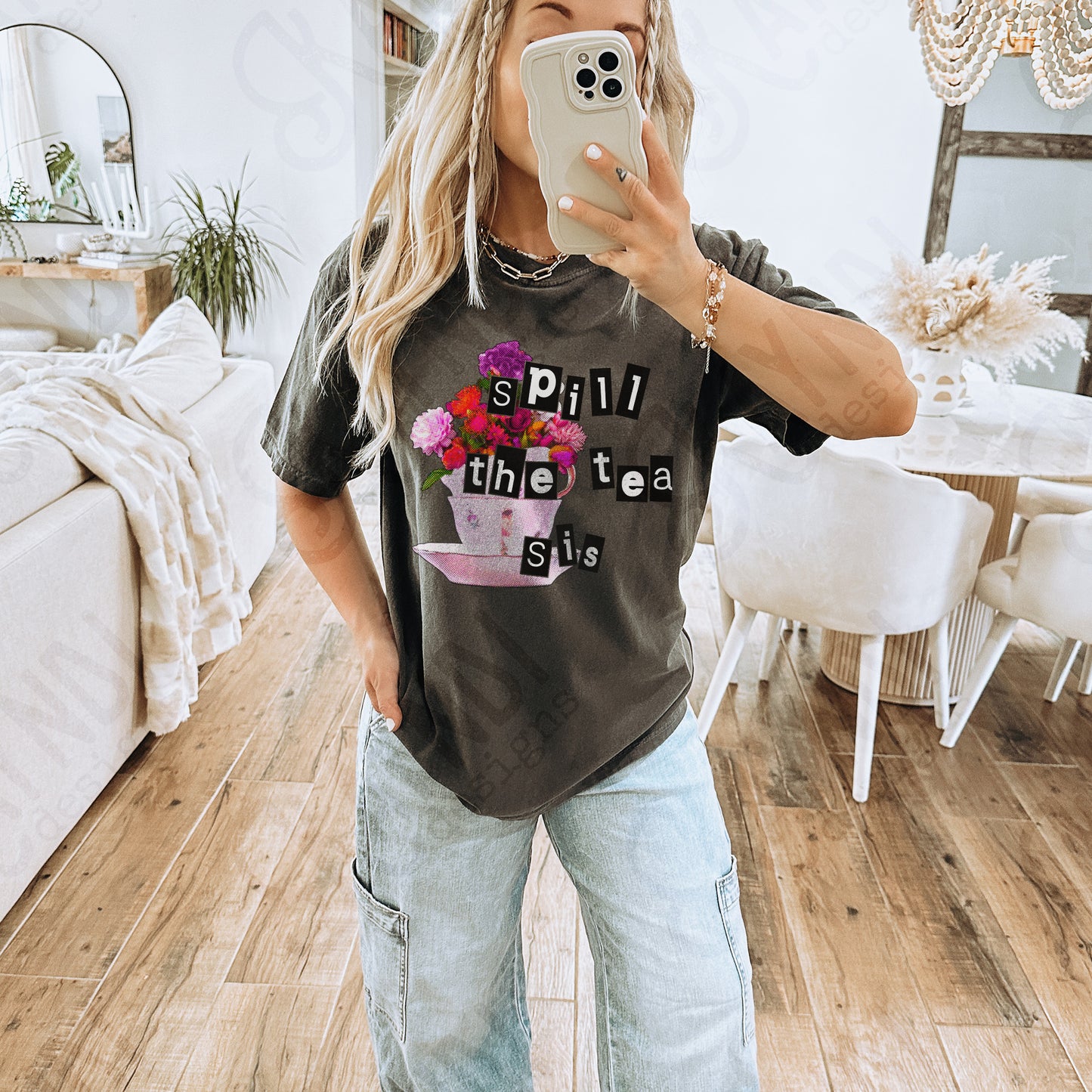 Spill the Tea Sis Sublimation Design PNG Digital Download Printable Flower Floral Pink Vintage Tea Cup Witty Humor Funny Quote Saying