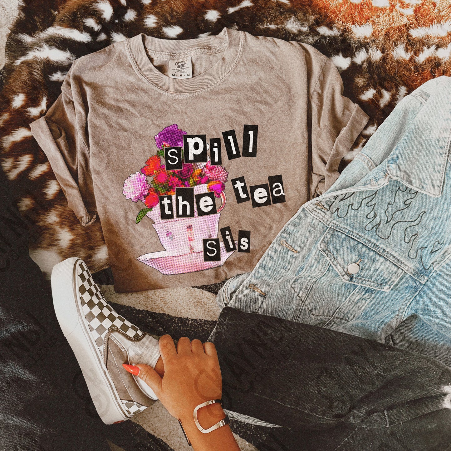 Spill the Tea Sis Sublimation Design PNG Digital Download Printable Flower Floral Pink Vintage Tea Cup Witty Humor Funny Quote Saying