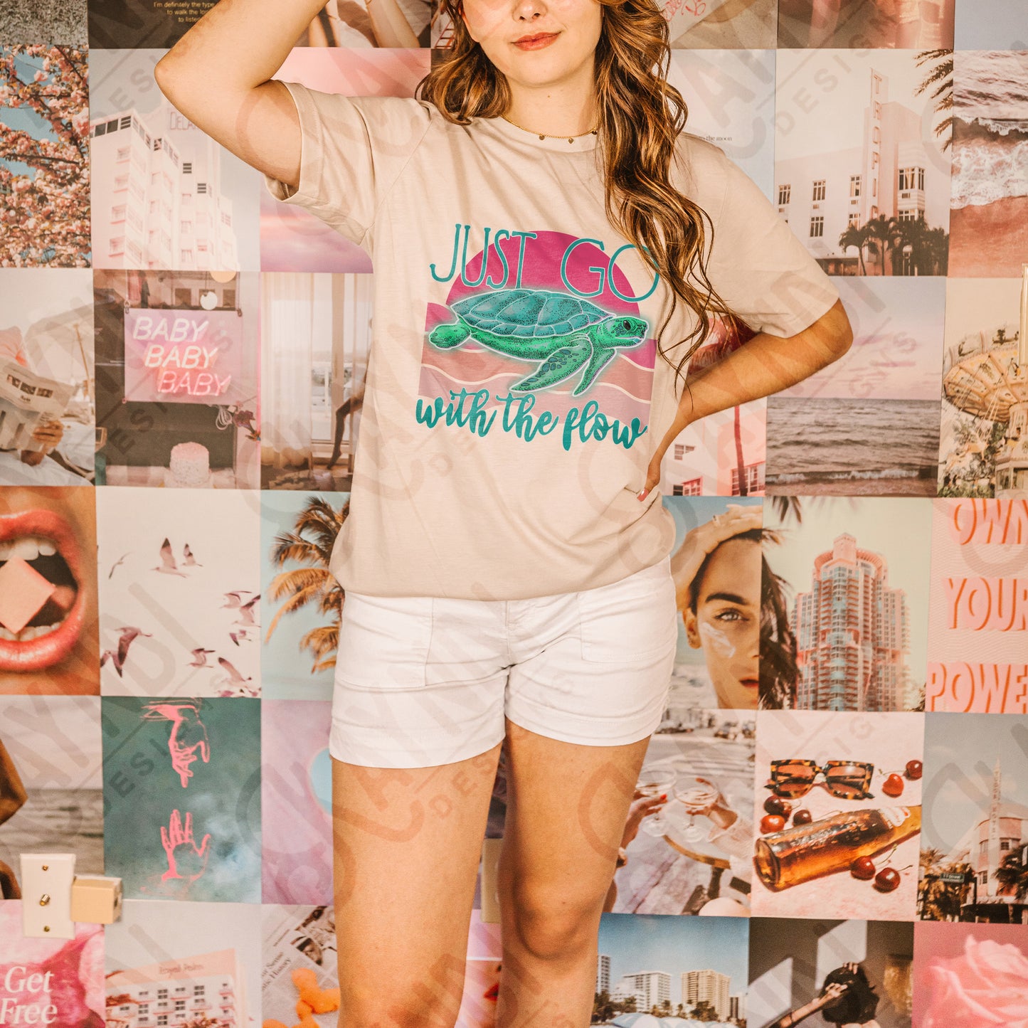 Just Go With The Flow Sublimation Design PNG Digital Download Printable Sea Turtle Retro Summer Beach Ocean River Lake