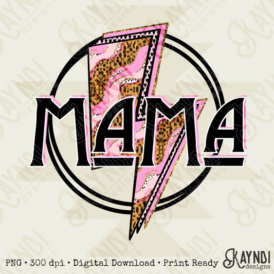 Mama Thunder Lightning Bolt Leopard Sublimation Design PNG Digital Download Printable Lighting Bolt Pink Leopard Retro