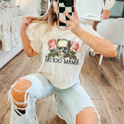 Tattoo Mama Sublimation Design PNG Digital Download Printable Skull Vintage Roses Flowers Floral Rocker Edgy Grunge Distressed