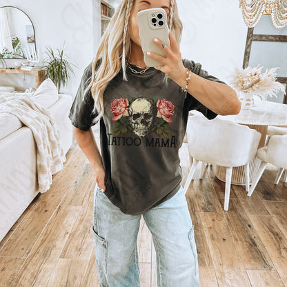 Tattoo Mama Sublimation Design PNG Digital Download Printable Skull Vintage Roses Flowers Floral Rocker Edgy Grunge Distressed