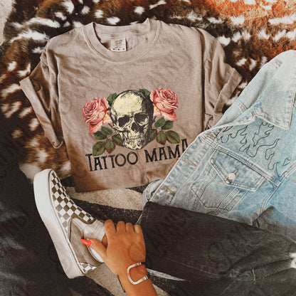 Tattoo Mama Sublimation Design PNG Digital Download Printable Skull Vintage Roses Flowers Floral Rocker Edgy Grunge Distressed
