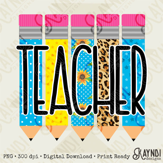 Teacher Pencils Sublimation Design PNG Digital Download Printable Blue Sunflowers Polka Dots Leopard