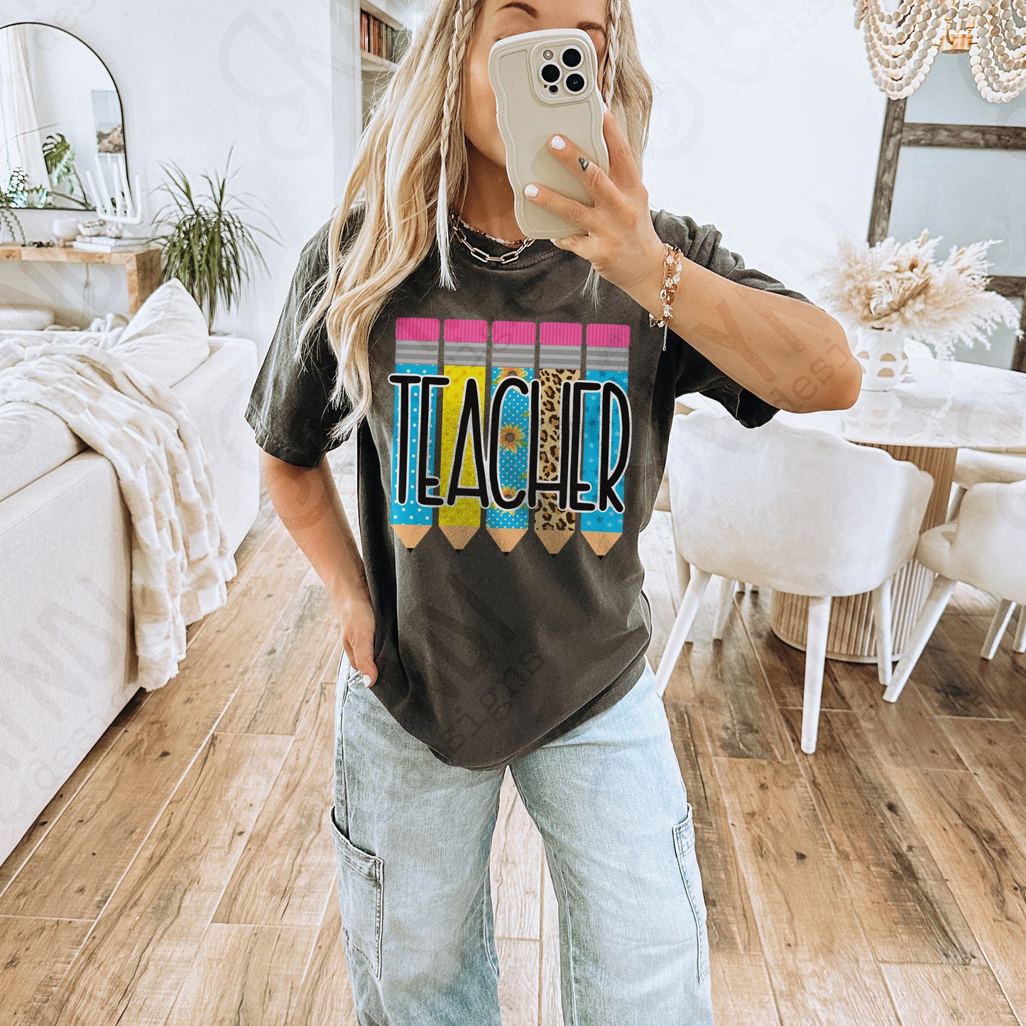 Teacher Pencils Sublimation Design PNG Digital Download Printable Blue Sunflowers Polka Dots Leopard