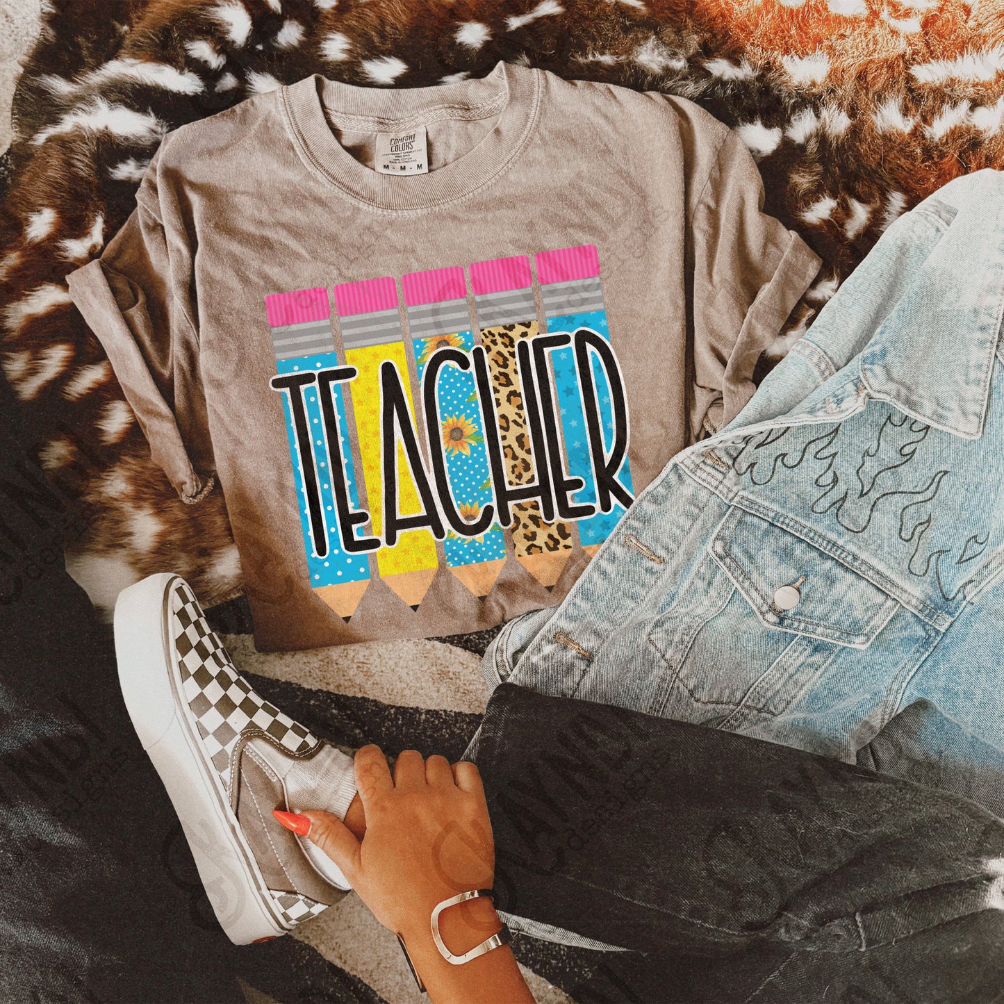 Teacher Pencils Sublimation Design PNG Digital Download Printable Blue Sunflowers Polka Dots Leopard