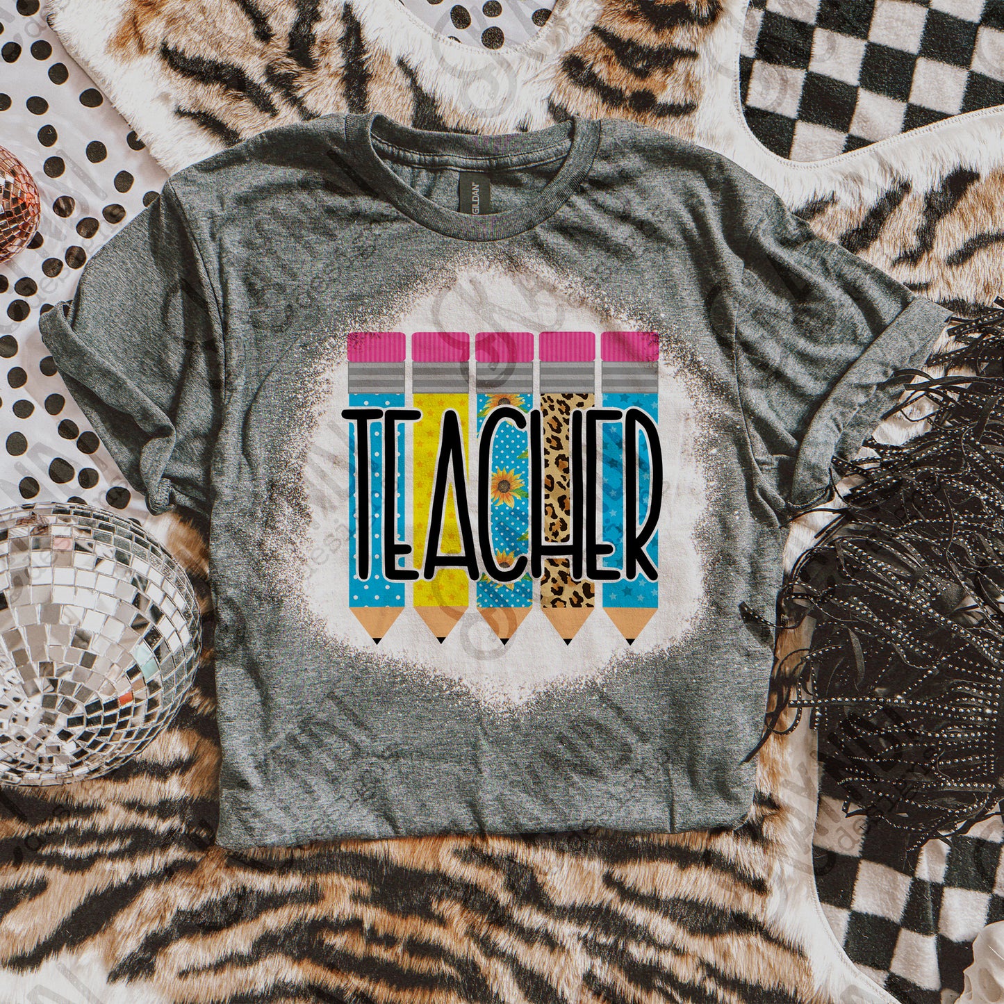 Teacher Pencils Sublimation Design PNG Digital Download Printable Blue Sunflowers Polka Dots Leopard