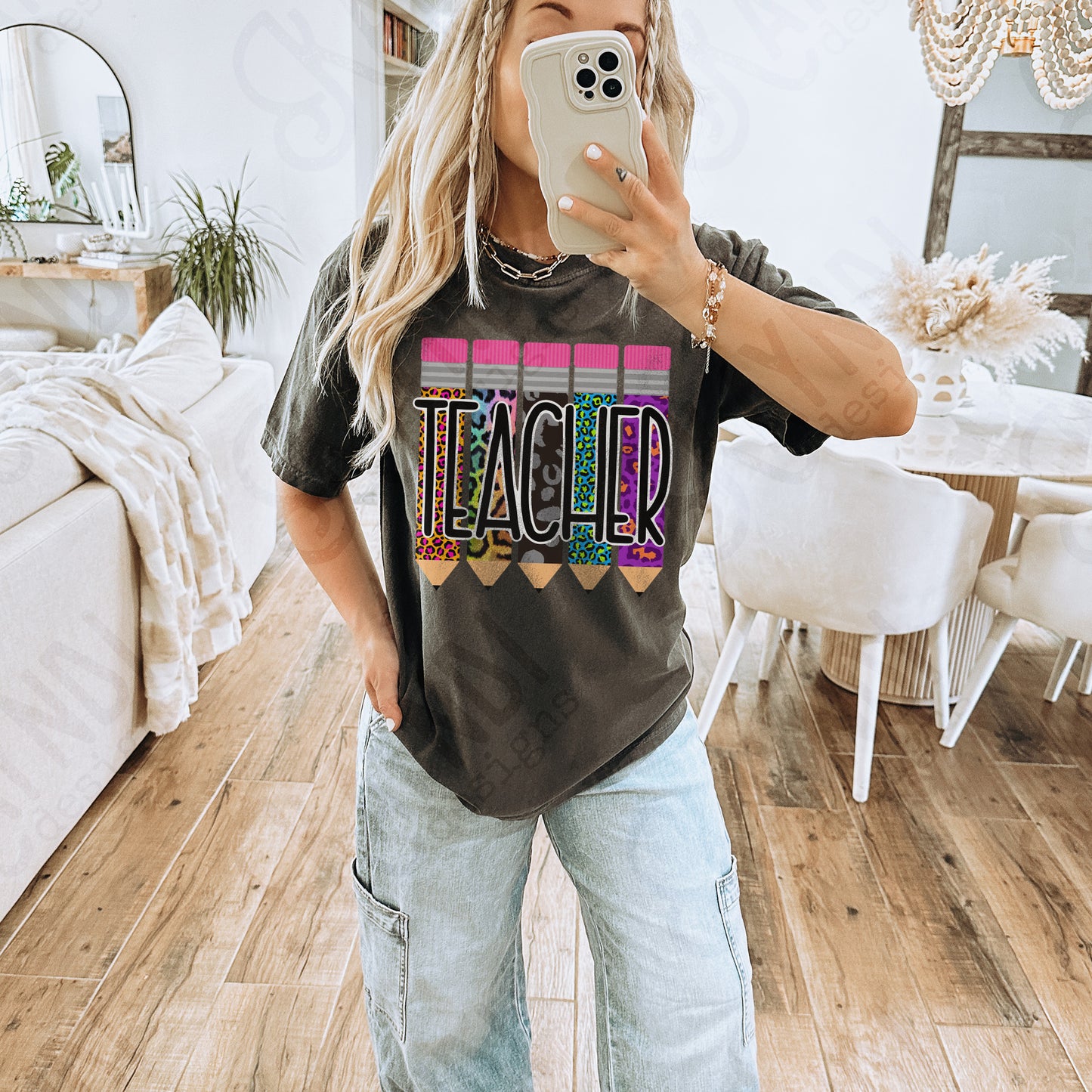 Teacher Pencils Leopard Cheetah Sublimation Design PNG Digital Download Printable Neon Pink Purple Blue