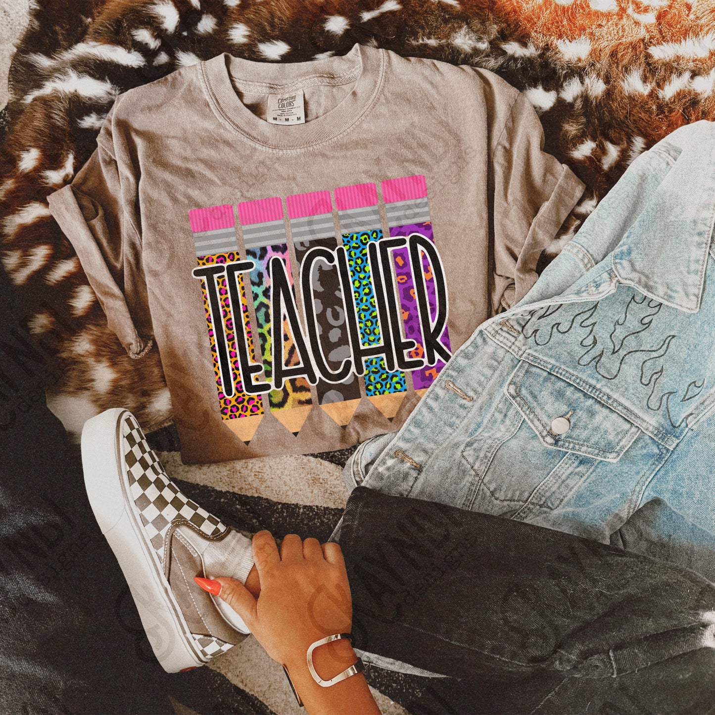 Teacher Pencils Leopard Cheetah Sublimation Design PNG Digital Download Printable Neon Pink Purple Blue