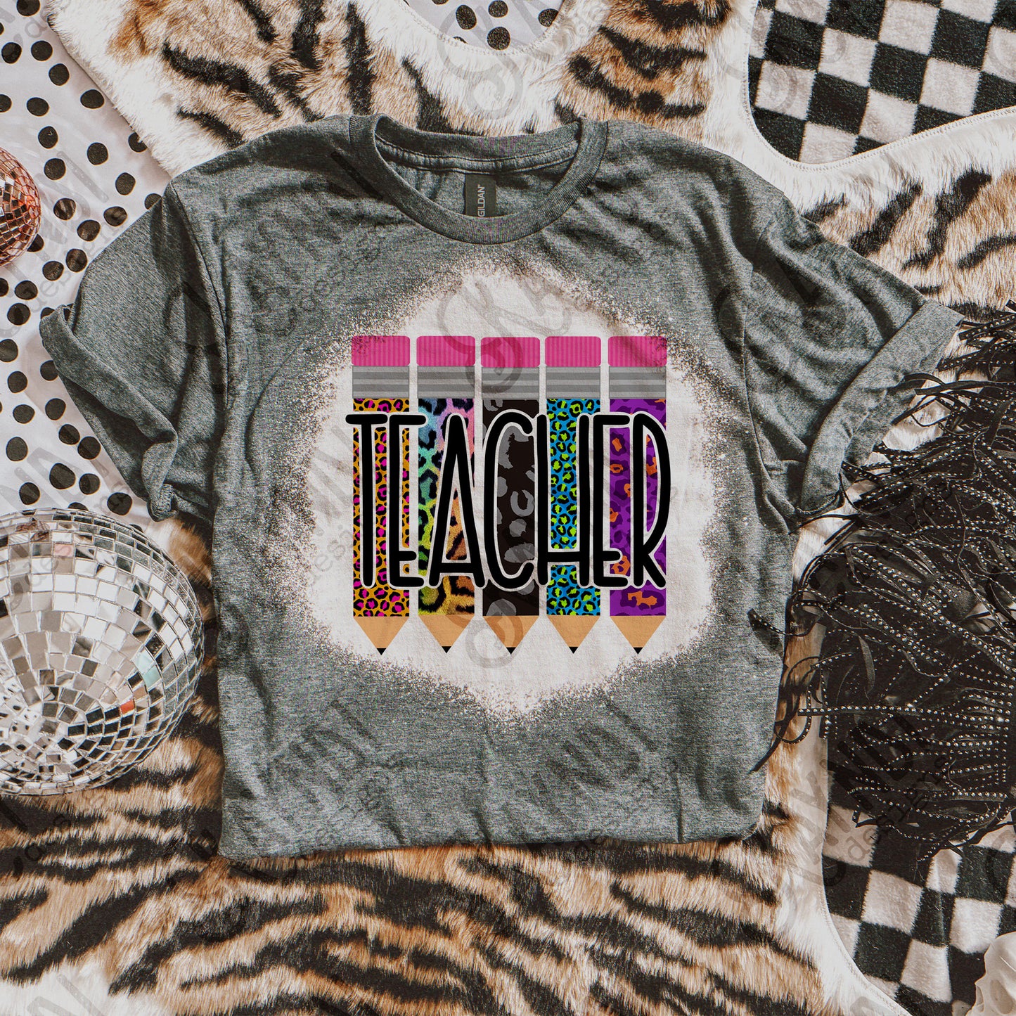 Teacher Pencils Leopard Cheetah Sublimation Design PNG Digital Download Printable Neon Pink Purple Blue
