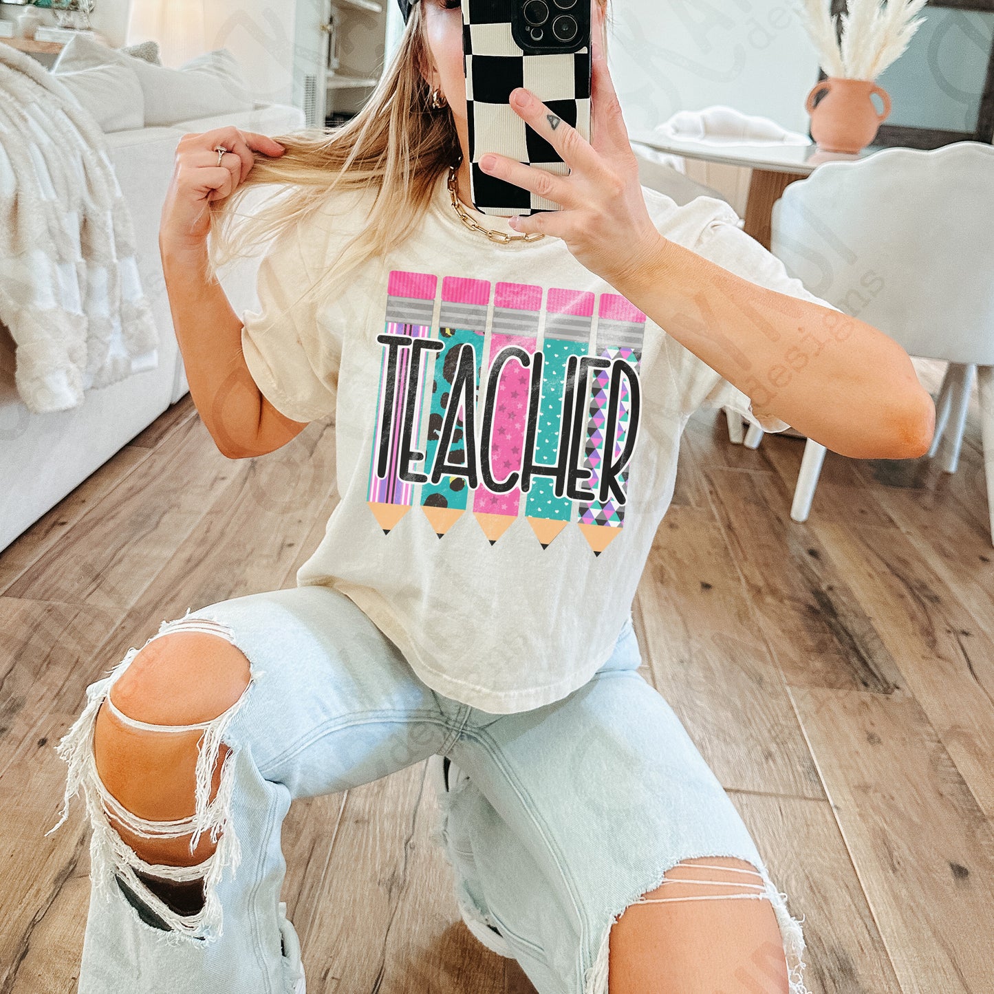 Teacher Pencils Pink and Teal Sublimation Design PNG Digital Download Printable