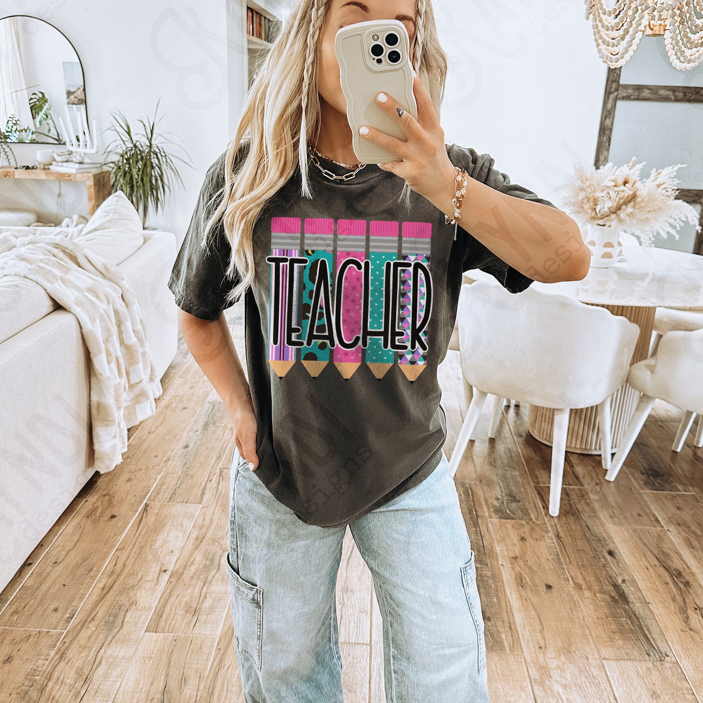 Teacher Pencils Pink and Teal Sublimation Design PNG Digital Download Printable