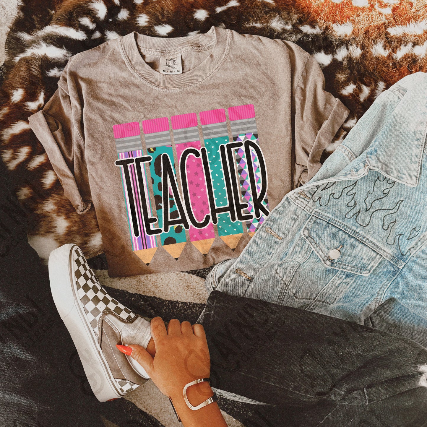Teacher Pencils Pink and Teal Sublimation Design PNG Digital Download Printable
