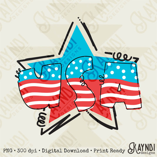 USA Doodle Star Sublimation Design PNG Digital Download Printable Red White & Blue Star Doodle