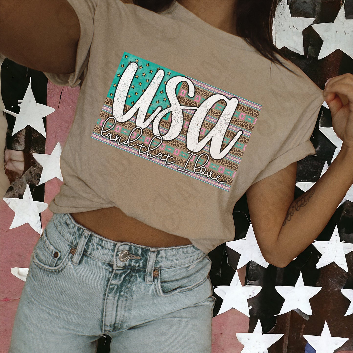 USA Land That I Love Sublimation Design PNG Digital Download Printable Grunge American Flag Leopard Cheetah Aztec Merica America