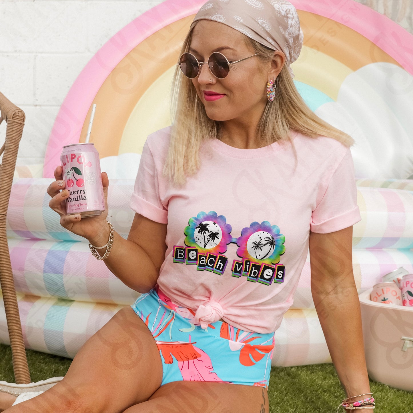 Beach Vibes Sublimation Design PNG Digital Download Printable Scalloped Sunglasses TieDye Glasses