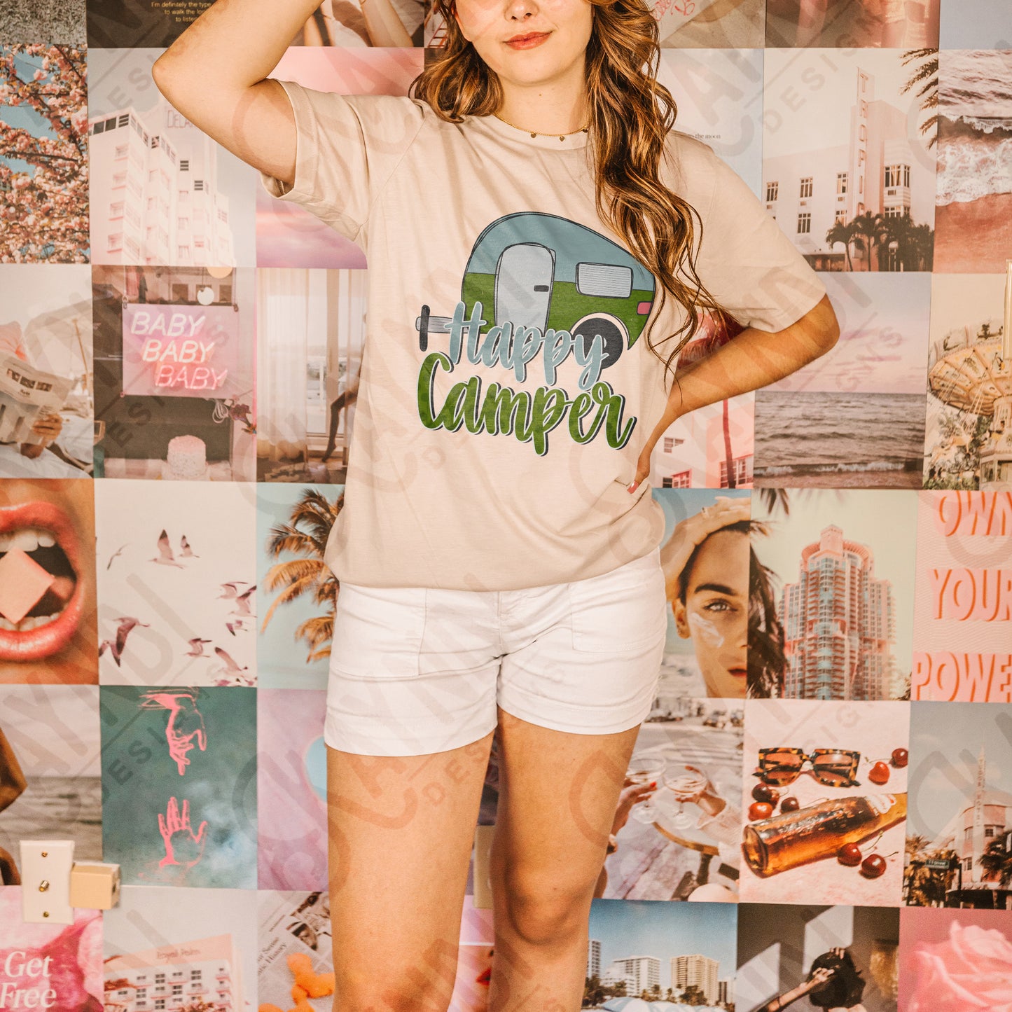 Happy Camper Blue Green Sublimation Design PNG Digital Download Printable Vintage Summer Camping RV