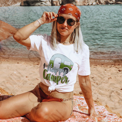 Happy Camper Blue Green Sublimation Design PNG Digital Download Printable Vintage Summer Camping RV
