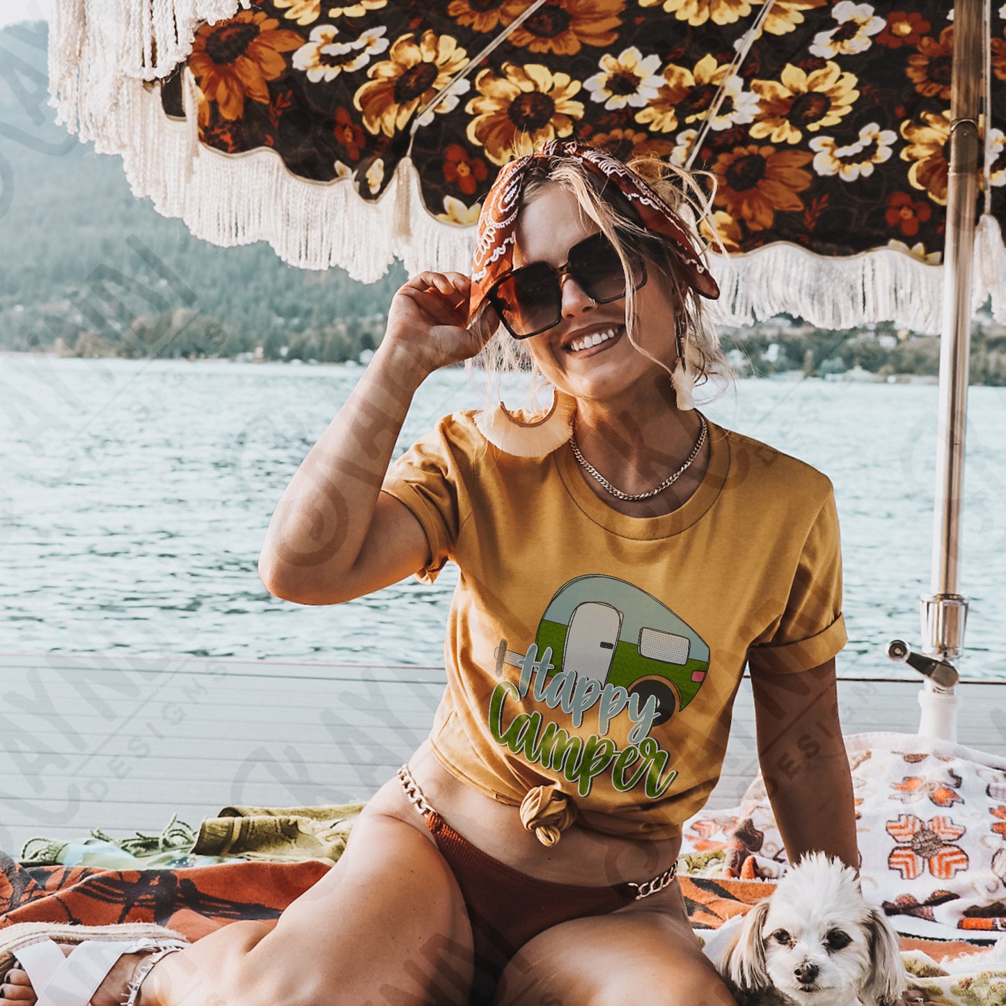 Happy Camper Blue Green Sublimation Design PNG Digital Download Printable Vintage Summer Camping RV