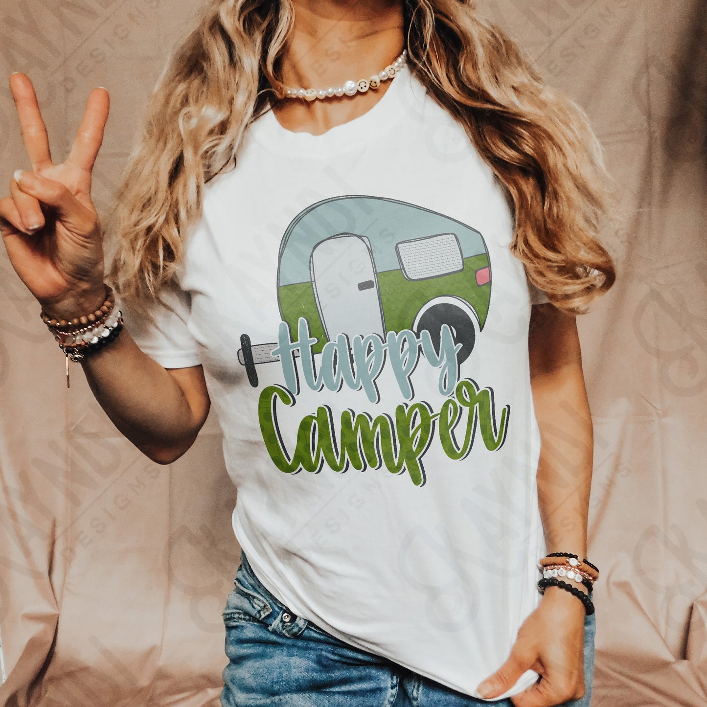 Happy Camper Blue Green Sublimation Design PNG Digital Download Printable Vintage Summer Camping RV