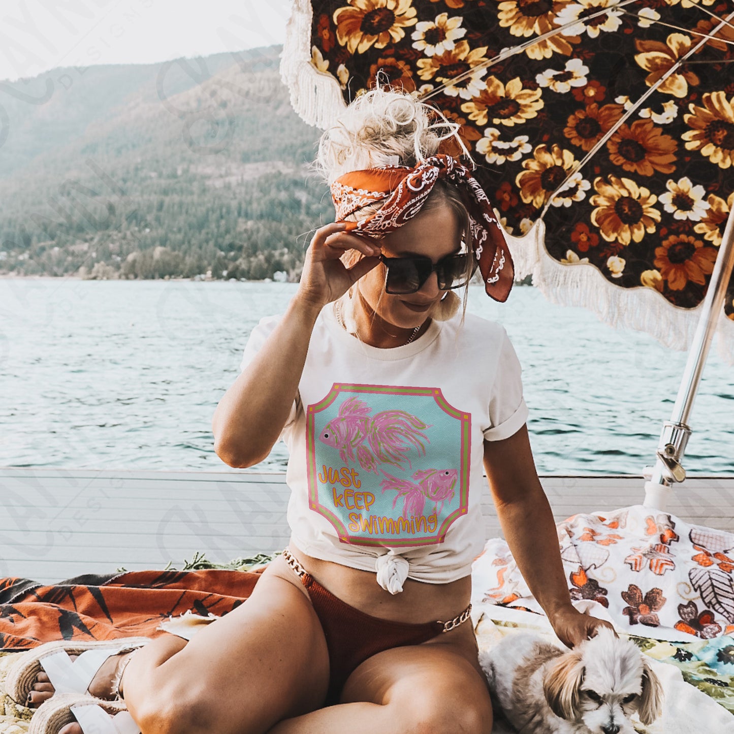 Just Keep Swimming Sublimation Design PNG Digital Download Printable Preppy Fish