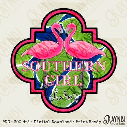 Southern Girl Charm Flamingo Sublimation Design PNG Digital Download Printable Southern Prep Preppy Girly Beach Tropical Leaves Palm Leaf