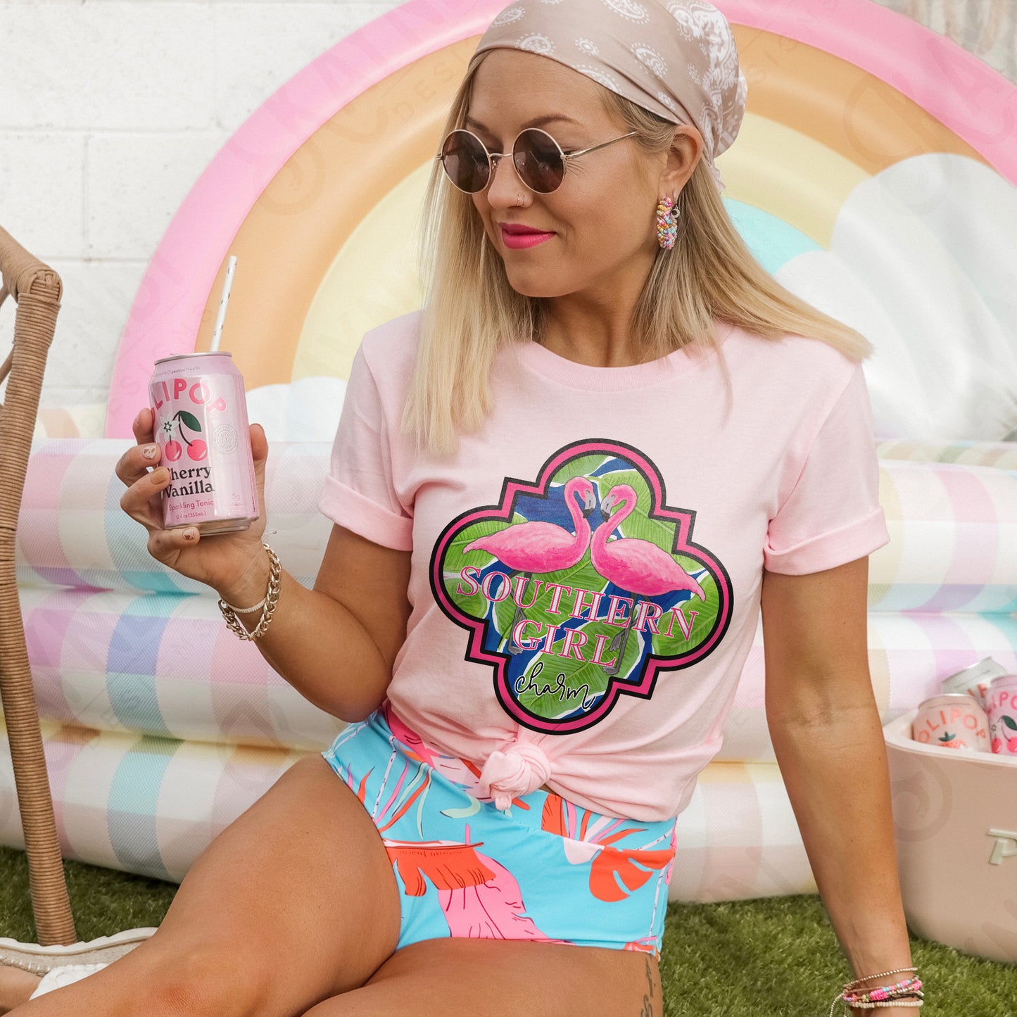 Southern Girl Charm Flamingo Sublimation Design PNG Digital Download Printable Southern Prep Preppy Girly Beach Tropical Leaves Palm Leaf