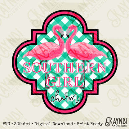 Southern Girl Charm Flamingo Sublimation Design PNG Digital Download Printable Southern Prep Preppy Girly Beach Gingham