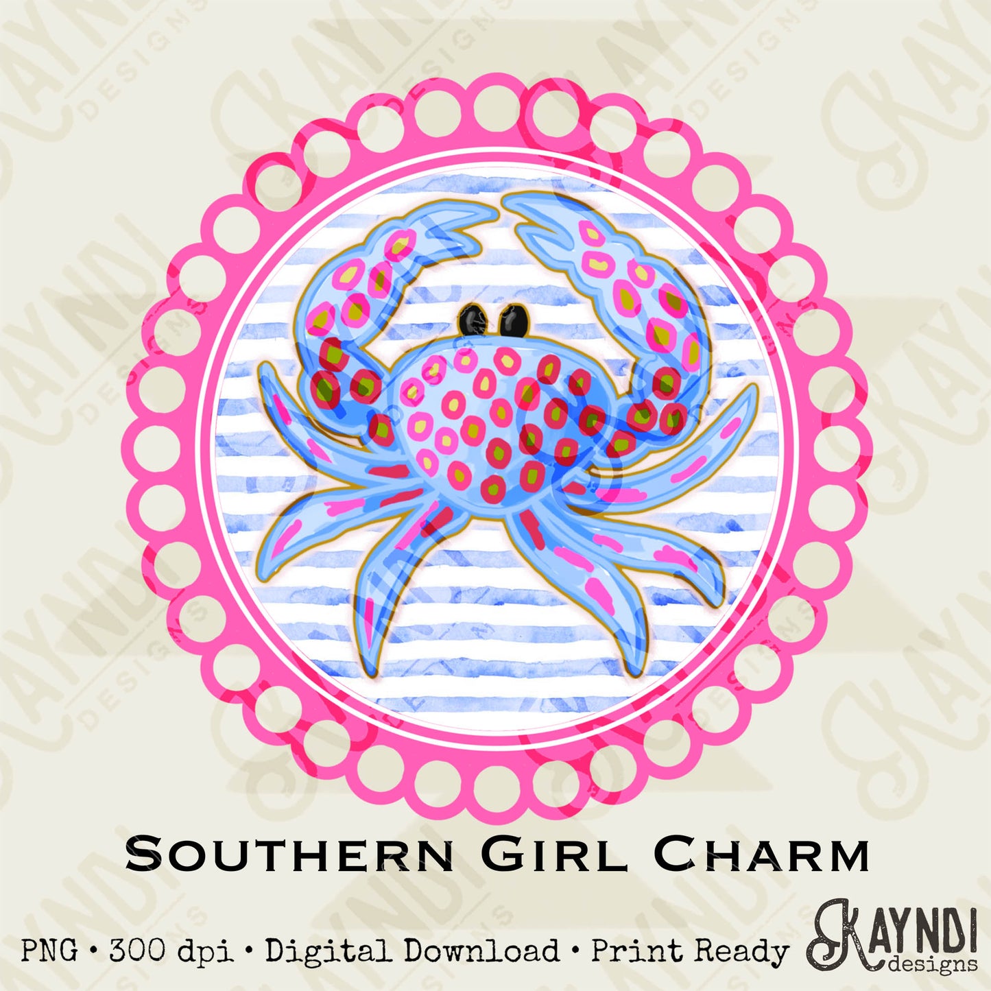 Southern Girl Charm Crab Sublimation Design PNG Digital Download Printable Southern Preppy Beach Summer Girly Prep Preppy Pink Blue