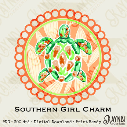 Southern Girl Charm Turtle Sublimation Design PNG Digital Download Printable Southern Preppy Beach Summer Girly Prep Preppy SeaTurtle Orange