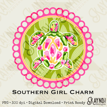 Southern Girl Charm Turtle Sublimation Design PNG Digital Download Printable Southern Preppy Beach Summer Girly Prep Preppy Sea Turtle Green