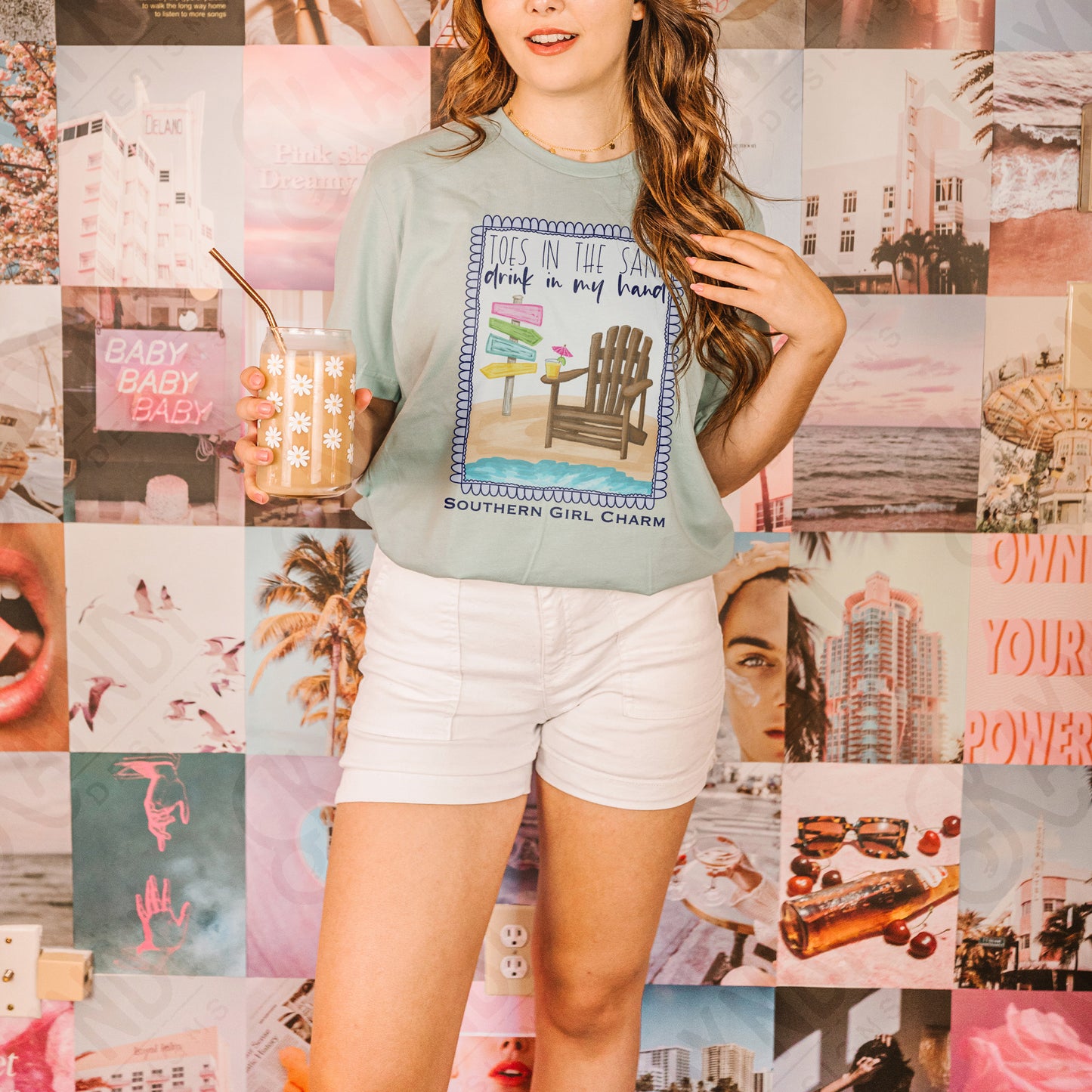 Southern Girl Charm Toes in the Sand Drink in my Hand Sublimation Design PNG Digital Download Printable Southern Prep Preppy Girly Beach