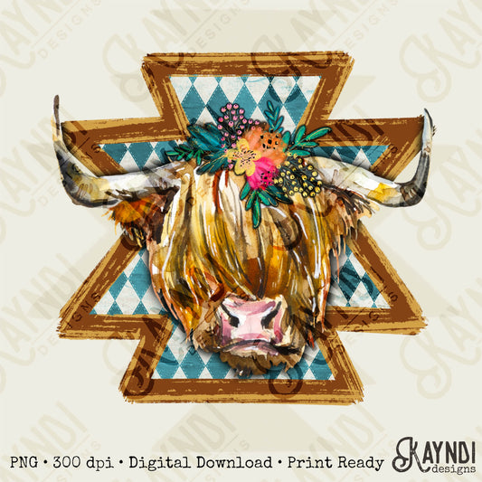Cute Cow Western Highland Sublimation Design PNG Digital Download Printable Plaid Aztec