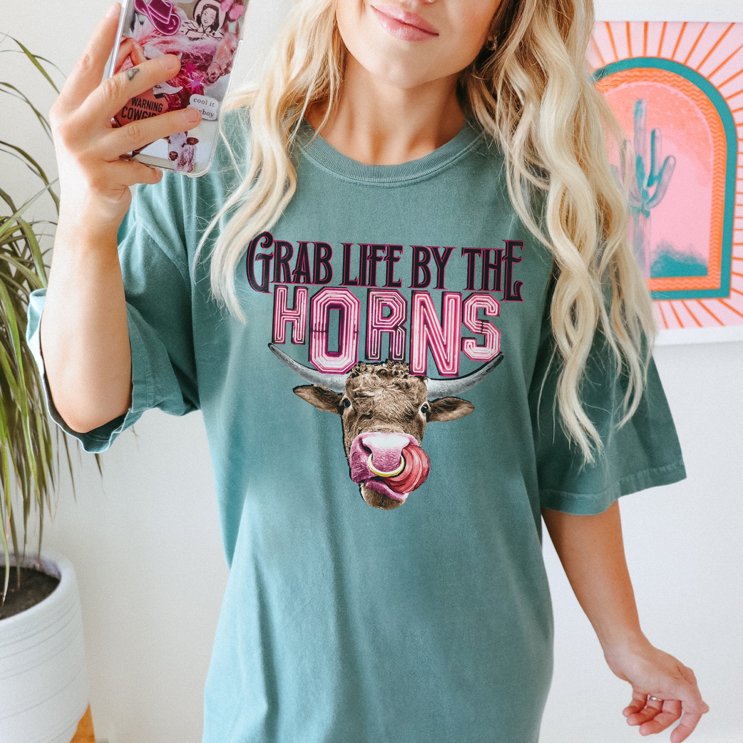 Take Life By The Horns Sublimation PNG Digital Download Printable Design Sublimation Country Western Southern Rodeo Steer Cow Cattle Head