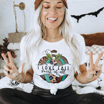 I Love Fall Most of All Sublimation Design PNG Digital Download Printable Leopard Turquoise Pumpkin