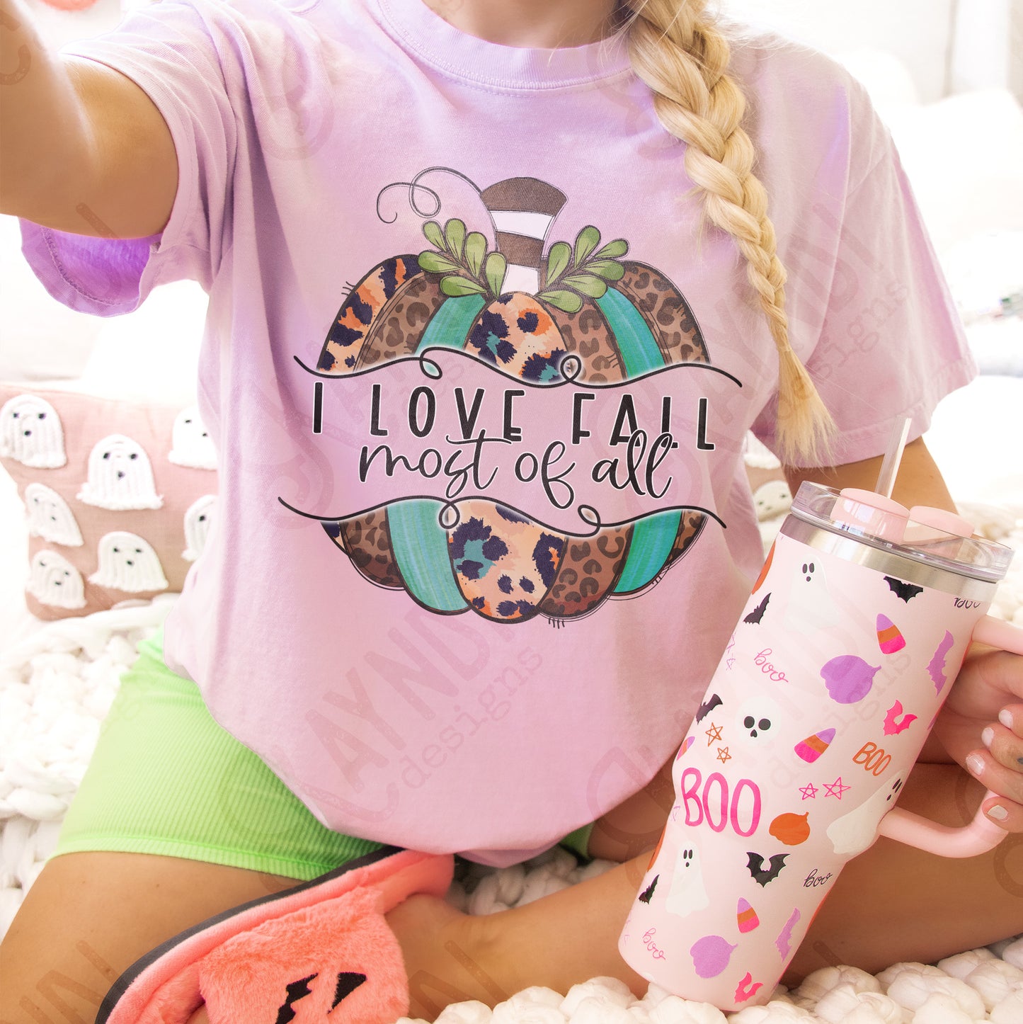 I Love Fall Most of All Sublimation Design PNG Digital Download Printable Leopard Turquoise Pumpkin