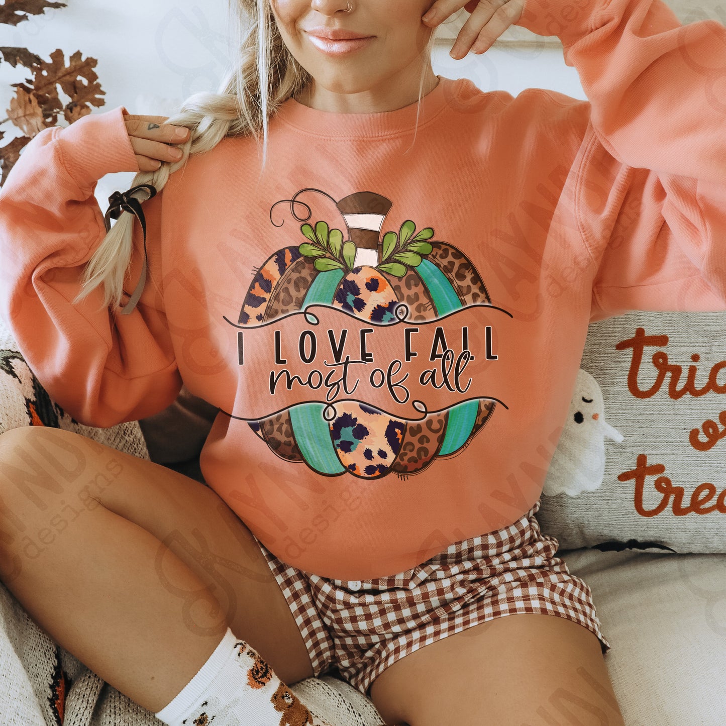 I Love Fall Most of All Sublimation Design PNG Digital Download Printable Leopard Turquoise Pumpkin