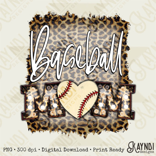 Baseball Mom Leopard Marquee Sublimation Design PNG Digital Download Printable