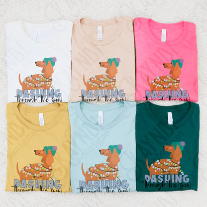 Dashing Through The Snow Sublimation Design PNG Digital Download Printable Dachshund Weenie Weenier Dog Christmas Lights Winter Cute Girls
