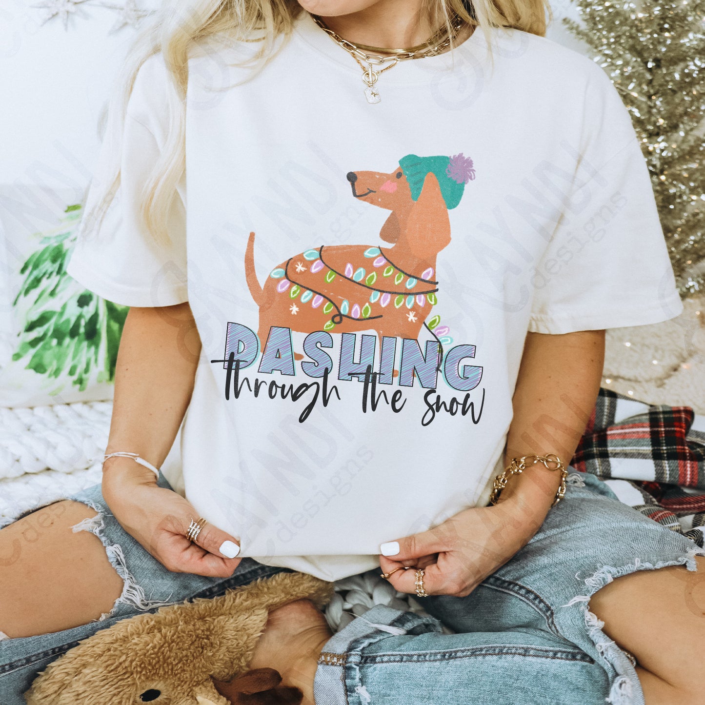 Dashing Through The Snow Sublimation Design PNG Digital Download Printable Dachshund Weenie Weenier Dog Christmas Lights Winter Cute Girls